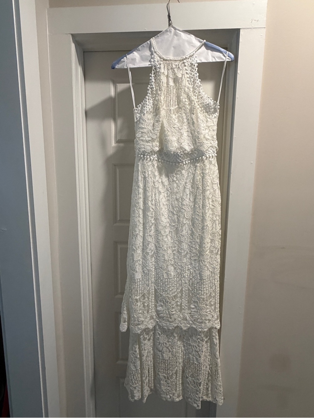 White lace Halter tiered fitted Maxi Dress